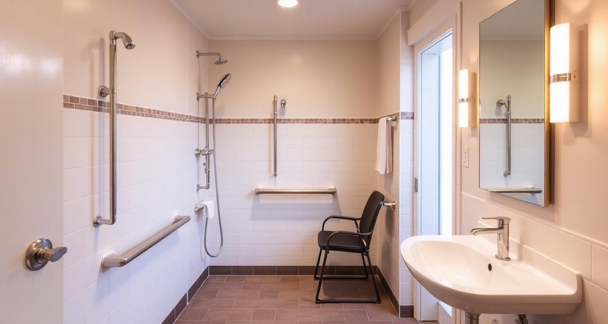 Rolstoeltoegankelijke badkamer met inloopdouche, douchestoel en wandbeugels