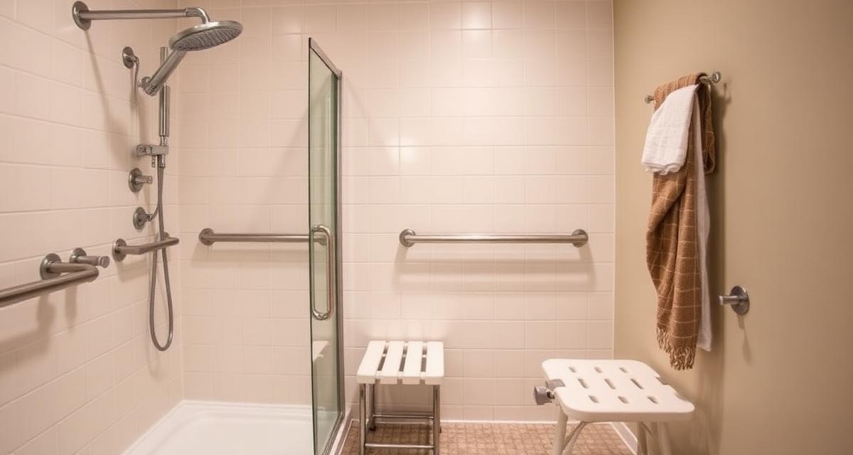 Toegankelijke badkamer met wandbeugels, douchezitje en antislip vloer