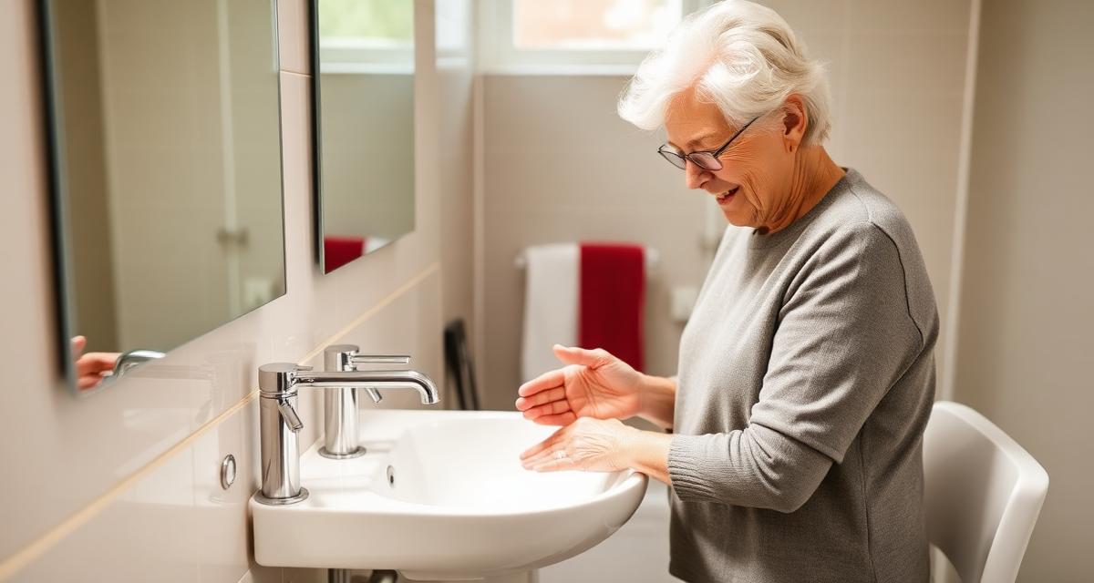 Oudere vrouw wast zelfstandig haar handen aan een aangepaste wastafel
