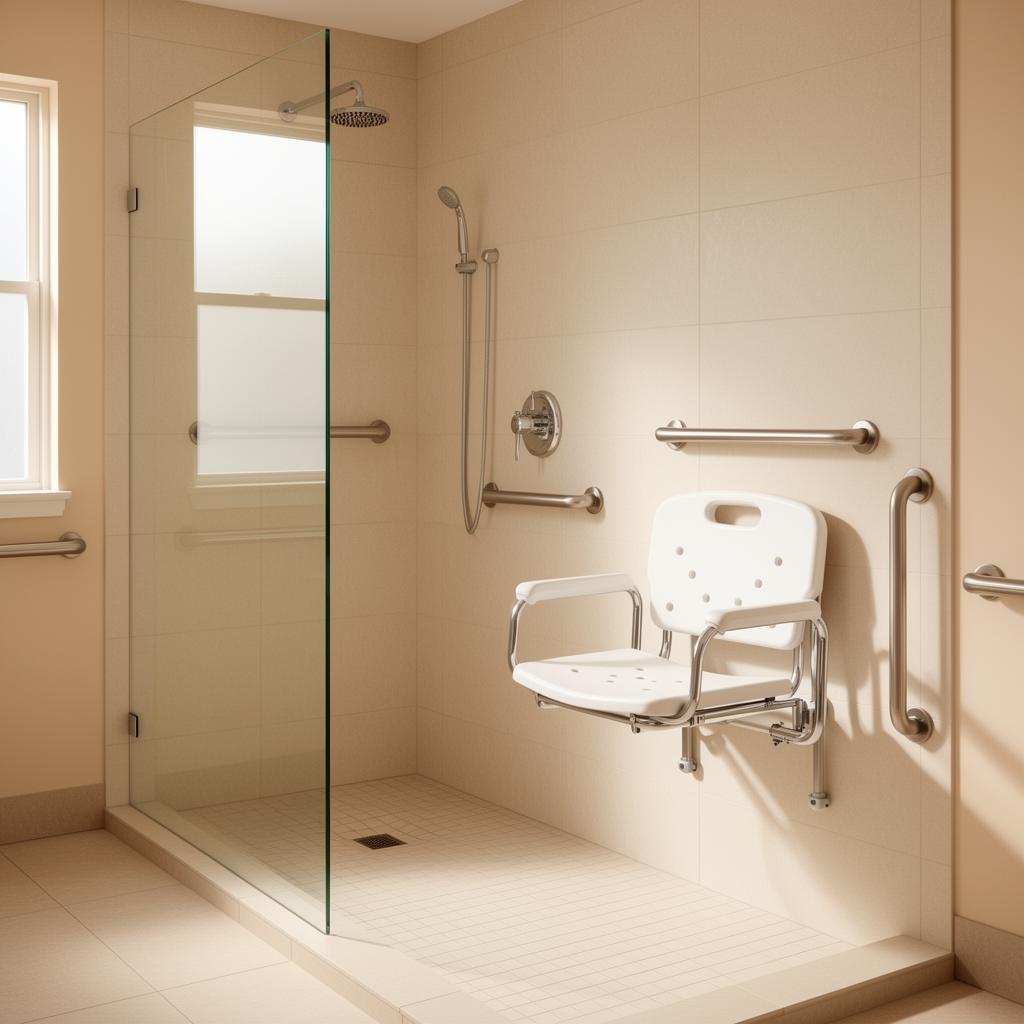 Douchestoel voor senioren in een toegankelijke badkamer Opklapbare douchestoel met armleuningen in een moderne inloopdouche — veilig zittend douchen voor senioren