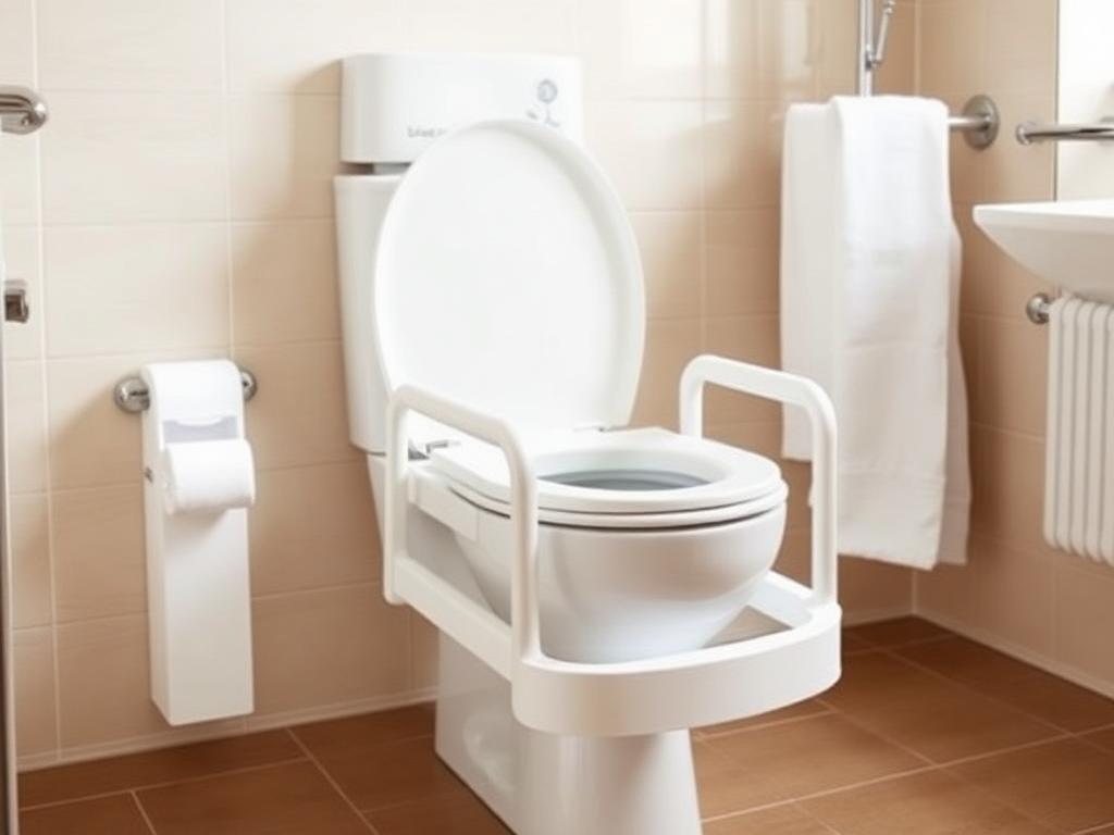 Toiletverhoger met armleuningen voor senioren Toiletverhoger met armleuningen op een wit toilet in een moderne, toegankelijke badkamer